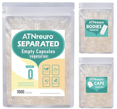 ATNreuro Capsules Vides Végétales Séparées Taille 0 (1000 unités) - Gélules Vides à Remplir, Compatible avec la Machine de Remplissage de Capsules 00
