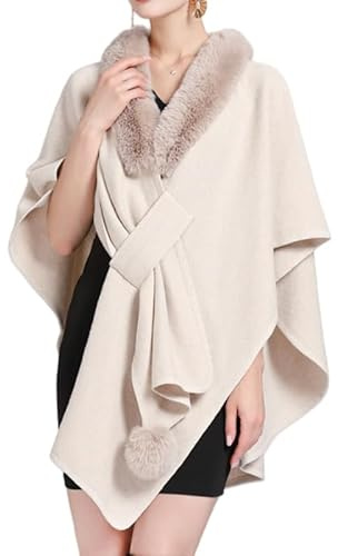 LIUYUYOUGO Scialle Donna,Donna Inverno Pelliccia Sintetica Scialle Stola Caldo Mantello Avvolgente Shrug Con Collo In Pelliccia Poncho Lavorato A Maglia Elegante Aperto Davanti Lavorato A Maglia Cap