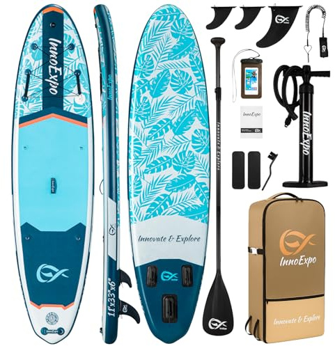 InnoExpo 11' Aufblasbare Stand Up Paddle Boards mit Premium-Zubehör, Breites Stabiles SUP Paddle Board Design, Rutschfestes Komfort-Deck für Jugendliche & Erwachsene (Tropisch)