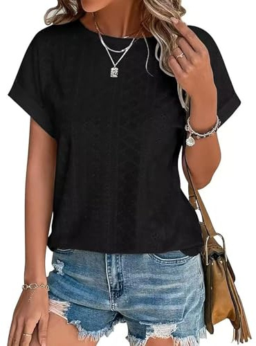 Kfnire Magliette Donna Manica Corta Maglietta con Ricamo ad Occhiello Girocollo Camicia Donna Estiva Tee Maglietta Casual T-Shirt Blusa Elegante Traspirante Tinta Unita Tunic Tops di Base