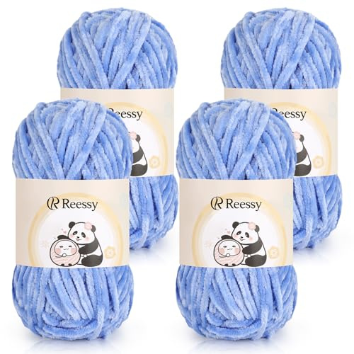 Reessy Chenille Yarn 400g, Super Soft Chunky Wool for Knitting-Sky-Blue | Thick Velvet Chenille Wool for Knitting 100g balls, Chunky Crochet Yarn for Crochet Blanket, Amigurumi, Handbag, DIY Crafts