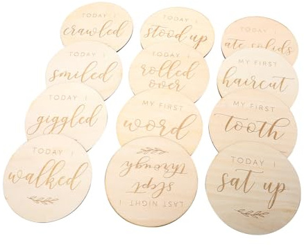 IWOWHERO 12pcs Wooden Commemorative Cards for Growth Thick Newborn Photography Props