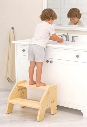 Toddler Step Stool Wooden 2 Step - Non-Slip Kids Stool for Bathroom Sink with Adjustable Height and Cute Pattern - 300lbs Support Stepping Stool for Bathroom Kitchen Children’s Room