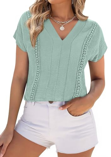 PRETTYGARDEN Blouses for Women Dressy Casual Spring 2026 Cap Sleeve V Neck Lace Trim Boho Tops Work Shirts Summer Clothes (Light Green,Small)