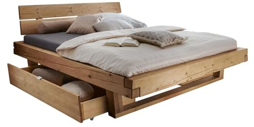 HOMELIV. Barup Balkenbett 200x200 cm Fichte massiv geölt Schubkästen Komforthöhe Naturholz Kufenbett, Belastbarkeit: 200 kg, Bettgestell