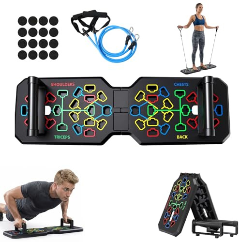 Anluomafuy Tabla de Flexiones, Push Up Board Multifuncional, Tabla de Flexiones Plegable Portátil con Antideslizante asas y 2 Banda de Resistencia para El Aptitud Entrenamiento Muscular Del Cuerpo
