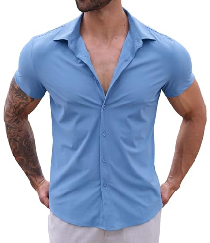 QIXING Men's Short Sleeve Shirt Slim Fit Stretch Button Down Shirt Smart Casual Summer Office Work Shirt for Men(Blue, L)
