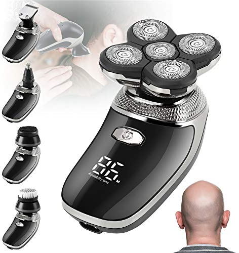 Glatzen Rasierer Herren, 5 in 1 Nasenhaar Trockenrasierer Bartschneider Schnurloser Rotationsrasierer kopfrasierer Schnurloser USB-Akku Elektrorasierer mit Reinigungsbürste (hair trimmer)