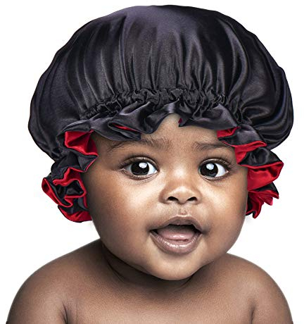 Sengterm - Bonnet de nuit en satin et soie - Pour enfant - Double couche réglable - Bande élastique - Pour le soin des cheveux - Noir et rouge