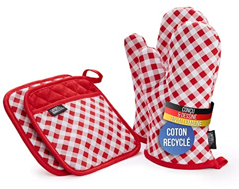 LauterSchutz® Topflappen und Ofenhandschuhe im Set - extra weiche, waschbare & recyclete Baumwolle [Hitzebeständig bis 250°C] Topfhandschuhe zum Kochen & Backen (Rot)