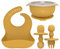 OLGS Silikon Kindergeschirr 3er Set für Baby & Kind | Kinder Geschirr, Lätzchen, Schüssel mit Saugnapf | Kinderbesteck Löffel Gabel STARTER BPA Frei | Rutschfest | Geschirrset ab 6 Monate (Mustard)