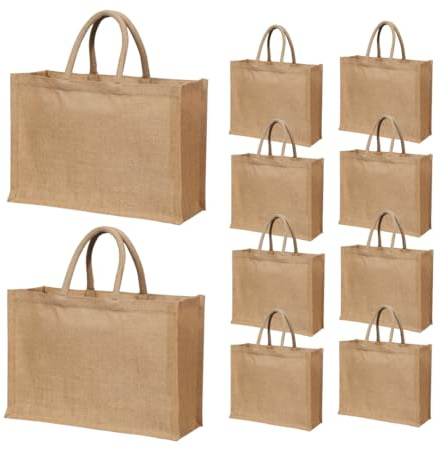 10 Pack Reusable Jute Burlap Tote Bags, 15.8X11.9X5.9 Inches, Eco-Friendly Shopping and Beach Bags with Handles Bridesmaid Gift Tote, Wedding Favor Totes, Return Gift Bag