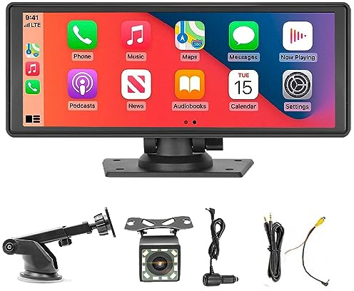 Bärbar bilstereo med trådlös CarPlay och Android Auto, 9,3 HD IPS-pekskärm multimediaspelare med 12 LED-backupkamera stöd Bluetooth MirrorLink FM-sändare, instrumentbräda eller vindruta monterad