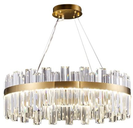 Leomix Moderne Kristall-Kronleuchter, Messing Gold Runde K9 Kristall-Kronleuchter, Zeitgenössische Einstellbare Hängende Pendelleuchte Für Wohn-Esszimmer Küche Insel