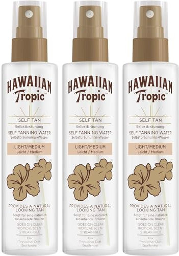 3 X Hawaiian Tropic Autoabbronzante Corpo Self Tanning Water Acqua per Pelli Chiare/Medie per Viso e Corpo Lunga Tenuta, 190ml