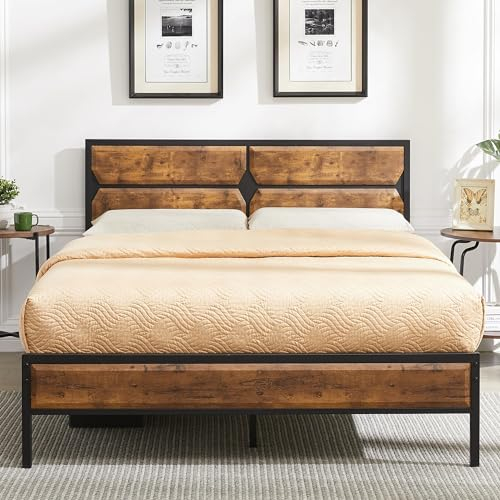 VECELO 4ft6 Bed Frame Double Bed with Wood Headboard, 135×190cm Double Bed Frame, 32cm Underbed storage, Sturdy Metal Slats Support, No Box Spring Needed, Easy Assemble