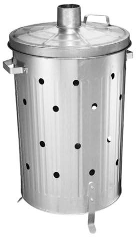 Poubelle de jardin 75 litres pour feuilles, déchets et résidus. Cylindrique. Avec couvercle, poignées et pieds. Acier galvanisé. Utilisez-le comme composteur pour les engrais organiques ou les cendres