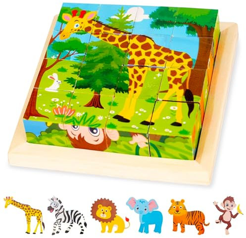Kujinova Würfelpuzzle Holz, 3D Bilderwürfel Puzzlespiele 6 in 1 Tier-Motive Holzpuzzle Montessori Lernspielzeug Spielzeug für Kinder, Kindergeburtstag Oder Weihnachten