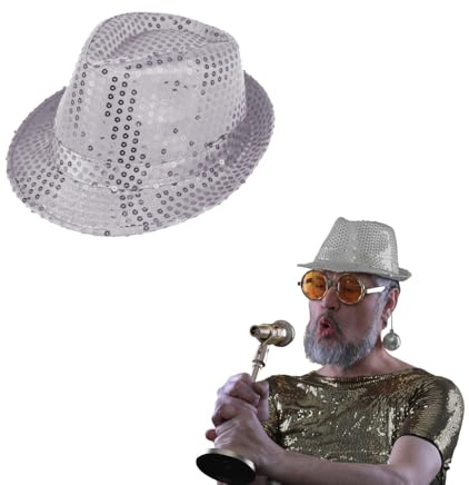 Lizzy 1 x vuxen silver paljett gangsterhatt | 70-tals disco hatt paljett Fedora hatt för fest hiphop paljetthatt, blank disco hatt för möhippa fest natt fin klänning discotema dans kostym tillbehör