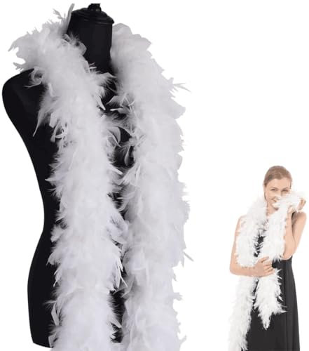 QEXUJOW Boas,1.2M Federschal,Federboa Einfarbig Set,Flauschige Federboa,Geeignet für Tanz Hochzeit Weihnachten Halloween Karneval Dress up Zubehör（Weiß）