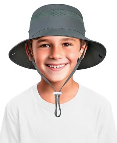 MELLIEX Sombrero de Sol para Niños, Protección UV Gorro Pescador de ala Ancha, Transpirable Gorro Playa Verano para Niñas Niños 4-8 Años, Gris Oscuro