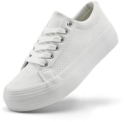 sharllen Women's Platform Trainers Ladies Chunky Fashion Sneakers PU Leather Low Top Lace Up Casual Shoes Tennis Shoes(White with Holes 230)