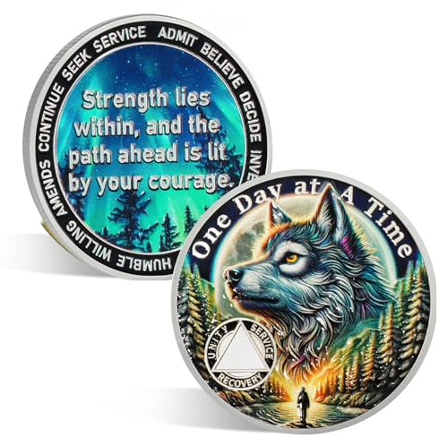 ACGZQY The Wolf Path Sobriety Coin - One Day at a Time Sobriety Chips - AA Coins and Medallions Upon Awakening Recovery Addiction Sober Token Affirmation AA NA Motivation Gifts