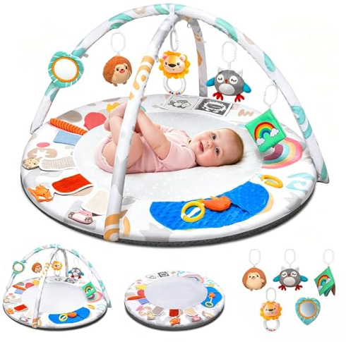 Oneyus Baby Play Gym & Large Round Activity Mat, Sensory Playmat with 5 Development Zones & 5 Hanging Toys, Ideal for Newborn Tummy Time, Baby Gift, 0+ Months
