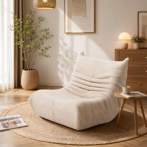 Golvpuff/soffa, golvstol, meditationsstol med ergonomisk design, spisfåtölj, lässtol, meditationsstol för sovrum, vardagsrum, lammull (beige)