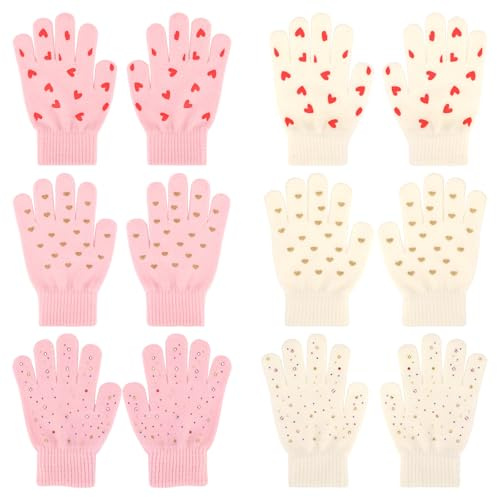 QKURT 6 Pairs Kids Magic Gloves, Winter Warm Knit Stretchy Full Finger Thermal Gloves with Colorful Rhinestone and Heart Printed for 5-13 Years Old Boys Girls