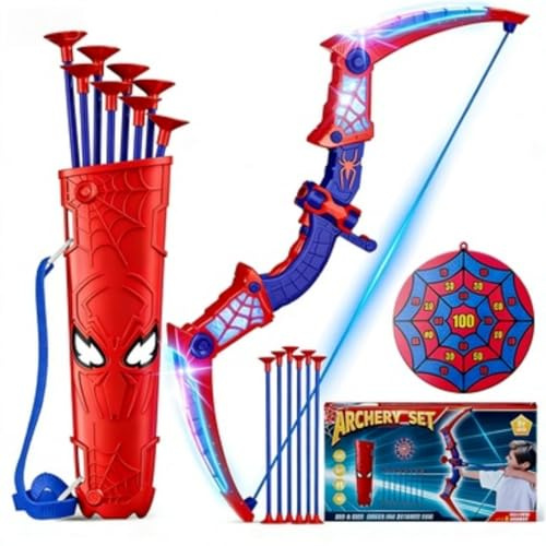 Racocou Juego de tiro con arco y flechas para niños con carcaj y diana de telaraña, 8 flechas con ventosa. Juguete ideal como regalo para niños, apto para mayores de 3 años