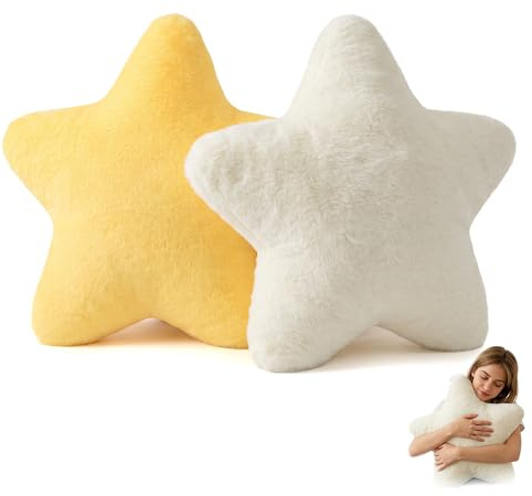 2 Pcs Plush Star Pillow 40x40cm, Washable Soft Fluffy Decorative Throw Sofa | Star Shape Pillow, Cute Fuzzy Stuffed Cushion, Warm Companionship, for Bedroom Living Room Bed, White Yellow