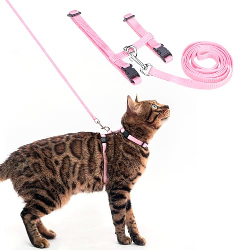 PUPTECK Adjustable Cat Harness and Leash Set Escape Proof Kitten Strap Collar for Walking Travel, Light Pink