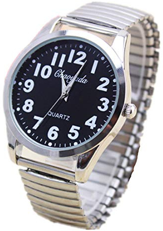 Vavna Classic Men’s Easy Reader Big Dial Number Sliver Stainless Steel Expansion Strap Bracelet Elastic Wristwatches (Dial 40 Black)