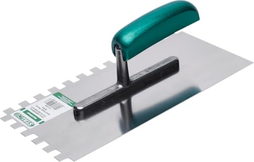 STALCO TÄNKELL 6 x 6 mm tandspatel 280 x 130 mm murslev tandslev murslev ny – med tänder och trähandtag, för kakellim, gips och murbruk – tillverkad i EU (10 x 10 mm)