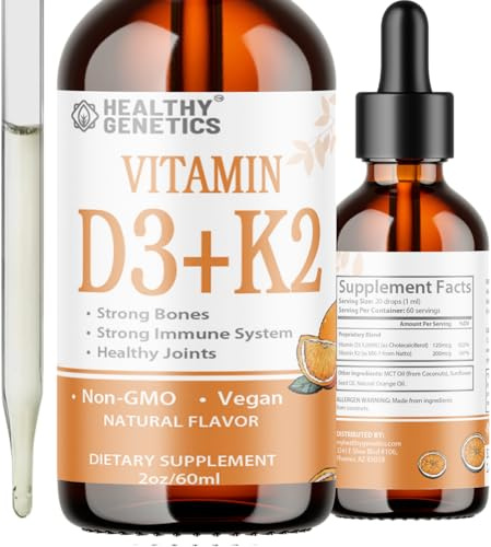 Healthy Genetics Liquid Vitamin D3 K2 Plus Vitamin K2 MK-7 | 5000IU Vitamin D Liquid Drops | Bones | Immune | Heart Health | Boost Energy 2oz