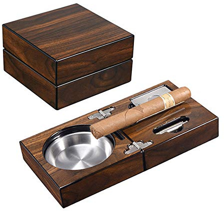 Juego de Cenicero de Puros Plegable de Lujo con Cortador/Taladro de Puros, Cenicero de Madera Accesorios para Herramientas de Puros