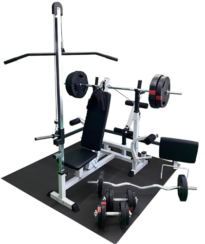 GORILLA SPORTS® Kraftstation - Hantelbank mit verstellbare Hantelablage, Latzugturm, Butterfly, Curlpult, Beincurler und 100 kg Hantelset - Trainingsbank, Fitnessstation, Trainingsstation (Weiss)