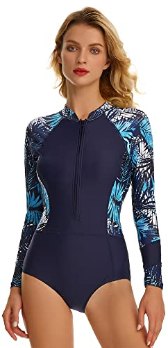Beachkini Traje de baño para Mujer con protección Solar, Traje de baño de Manga Larga, Ropa de Surf de una Pieza con Cremallera,Patrón azul1,M