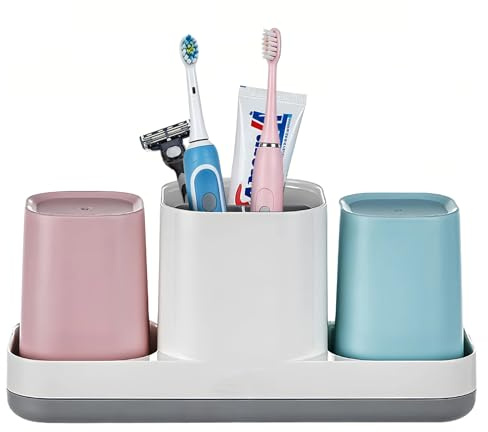 Toothbrush Holder for Bathroom, Kids Toothbrush Holder with Cups, Electric Toothbrush Holder for Bathroom Decor, Kids Bathroom Accessories Set with Toothpaste Holder, Pink & Blue