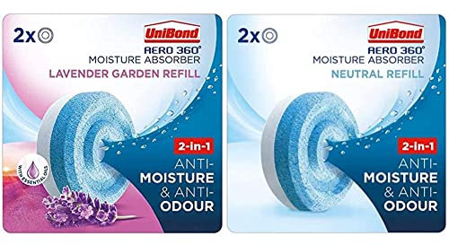 UniBond AERO 360° Moisture Absorber Lavender Garden Refill Tab, aromatherapy, Twin Pack (2 x 450g)&AERO 360° Moisture Absorber Neutral Refill Tab, Twin Pack (2 x 450g)