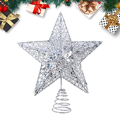 KEYIDO Silver Star Christmas Tree Topper Star for Christmas Tree Metal Xmas Tree Topper for Christmas Decorations Ornaments H 20cm/8Inch W 15cm/6inch
