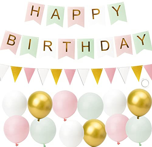 Happy Birthday Banner, Birthday Party Decorations Birthday Balloon Banner for Girls Women, 12” Happy Birthday Balloons Birthday Decorations Supplies Green Pink.