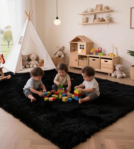 MARATIP Tappeto Peloso Soggiorno Tappeti per Grandi Dimensioni Salotto Moderno cameretta Bimba tappeti,Tappeto morbido e soffice per la camera da letto(Nero,80 x 150 cm)
