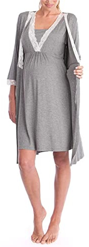 Bysion Women's Maternity Dresses Lace Breastfeeding Nightdress V Neck Pregnancy Robe Nightwear Nursing Nightgown Pajama Loungwear Sleepwear Dress for Home Hospital - 2 Pcs Set