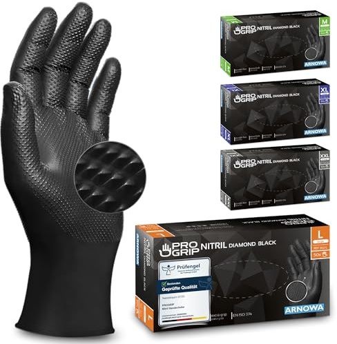 PROGRIP Einweghandschuhe Diamant Grip, Schwarz, Einmalhandschuhe Extra Stark, Nitrilhandschuhe Gr. L, 2x dicker, Handschuhe Einweg, Arbeitshandschuhe für Werkstatt & Montage, 500 Stück (10x50 Stk)