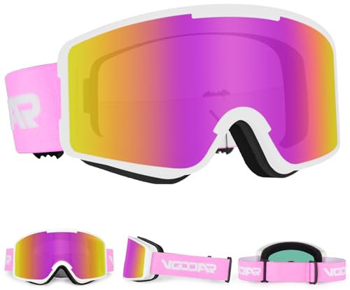 Vgooar Skibrille, OTG Zylindrischen Linse Skibrille mit Verstellbaren Langen Trägern, 100% UV-Schutz Anti-Beschlag Schneebrille für Herren und Damen