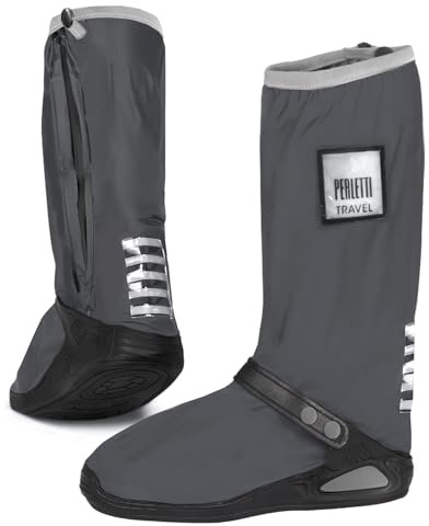 PERLETTI Surchaussures Imperméables Homme Femme pour Motos et Montagnes - Couvre Chaussures Gris Pluie Lavable avec Semelle Antidérapante Renforcée et Détails Réfléchissants (Gris, L (43/45 EU))
