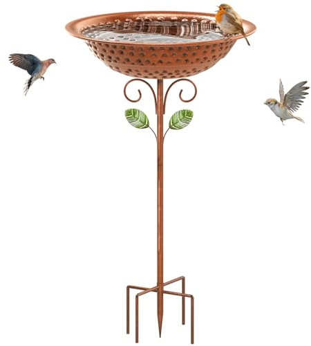 KHayRovies Vogeltränke stehend für Außen, Metall Vogelbad Vogelfutterspender Ständer mit 5 Zinken Basis Pfahl, Wasserschale Vogel Bad Vogelfutterstelle Futterstelle für Wildvögel Garten (Retro Kupfer)