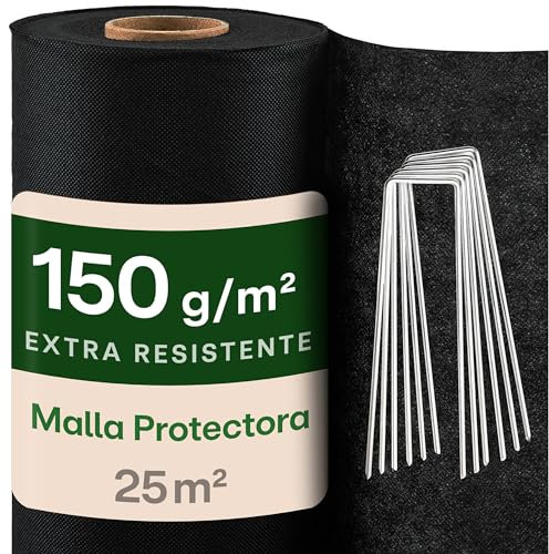 Praknu Gartenvlies 150g/m² mit 12 Erdankern – Extra Stark & Reißfest – 25m² Mulchvlies für dauerhaften Unkrautschutz – Für Wege, Kies & Steingärten